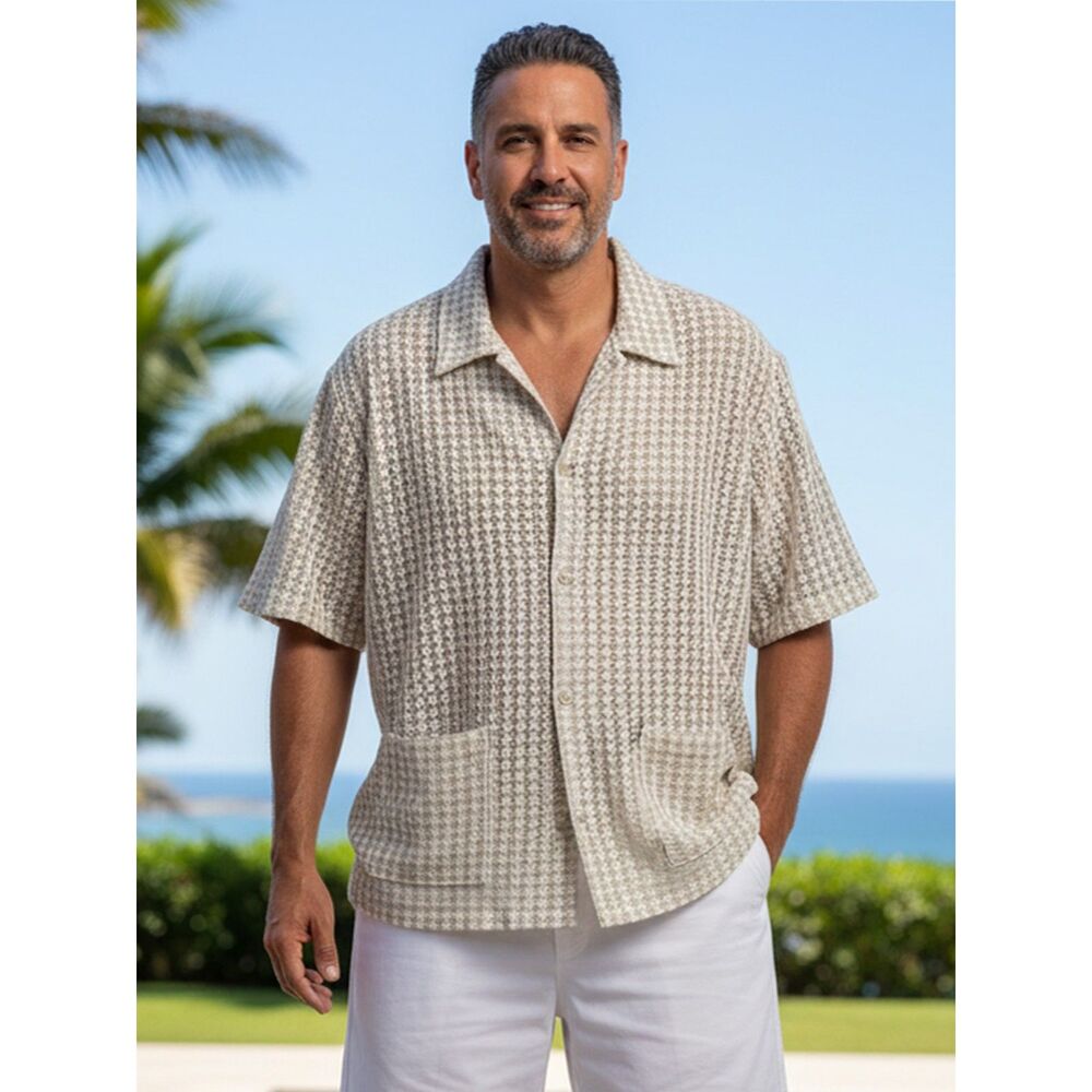 Mode Of One Men's Open Weave Short Sleeve Shirt (Beige/Ivory, XXL)